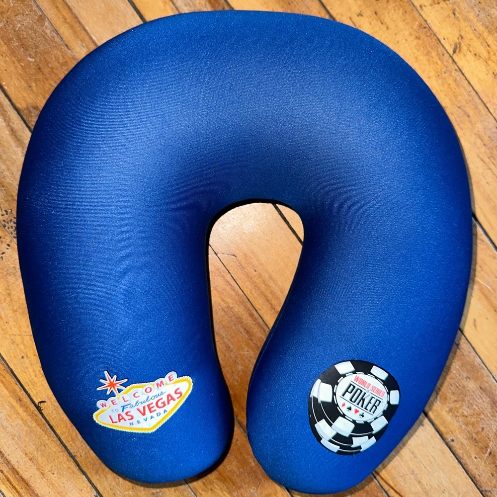 Blue Travel Neck Pillow with Vegas & Poker Stickers